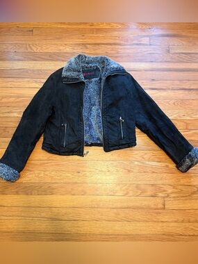 Guess Black leather Jacket with Red Logo and Gray Faux Fur